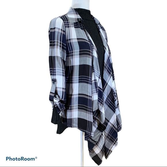 𝅺NWT 3/4 Sleeve Open Front black white gray plaid Cardigan WRAP - Picture 1 of 10